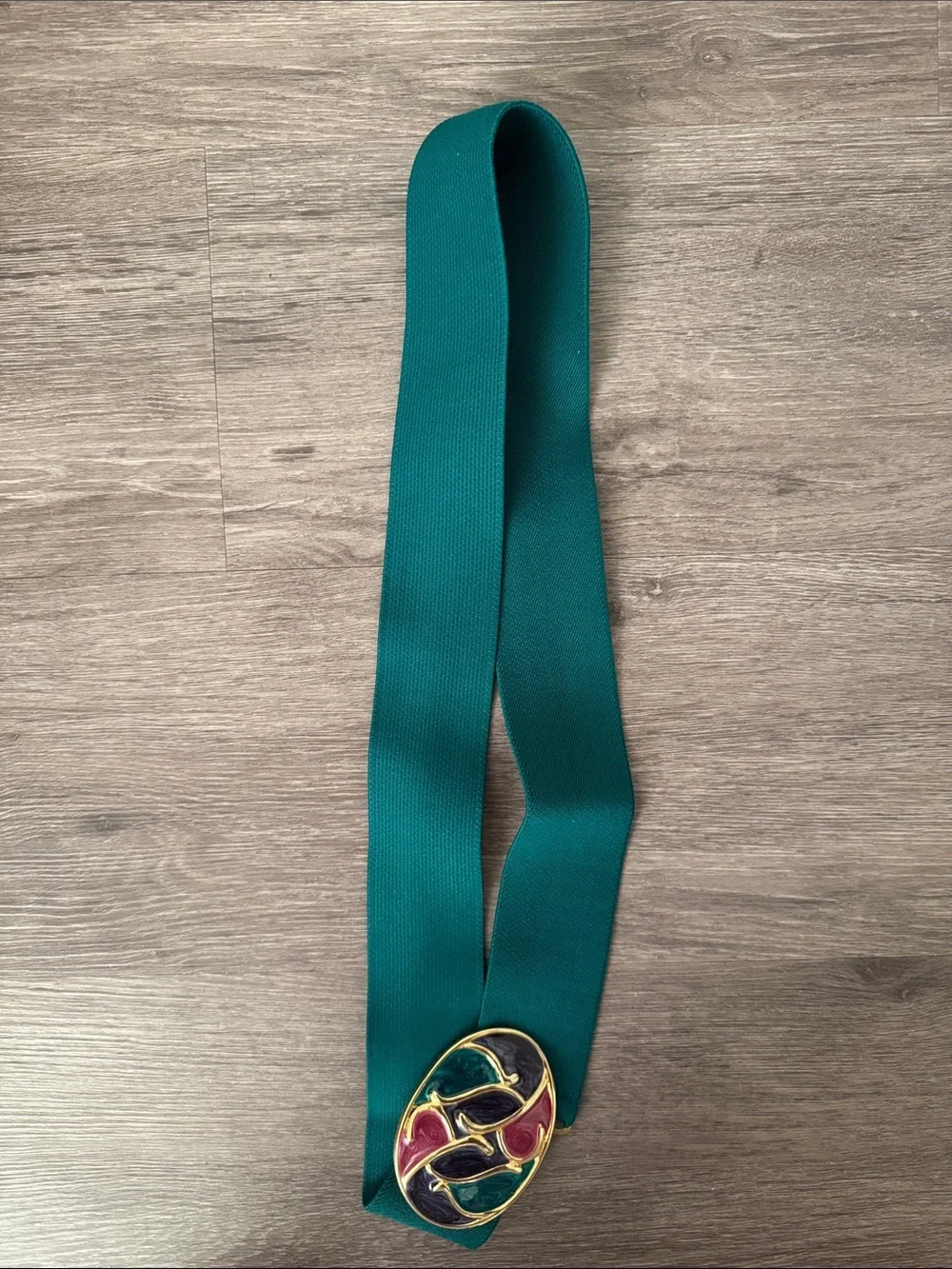 Teal Elastic Women's Belt with Multicolor Enamel Buckle